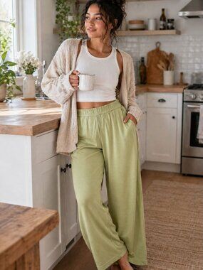 Esqualo Wide Leg Modal Blend Pants Green XL  Minimalist Casual Lounge Chic